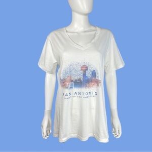 A Souvenir Tower of the Americas San Antonio Skyline V-Neck White Tee